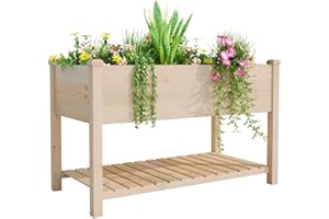 BIRASIL Outdoor Wood Raised Garden Bed, Elevated Reinforced Large Planter Box with Storage Shelf for Vegetable Flower Backyard Patio Gardening Balcony (48”L, Natural Wood)