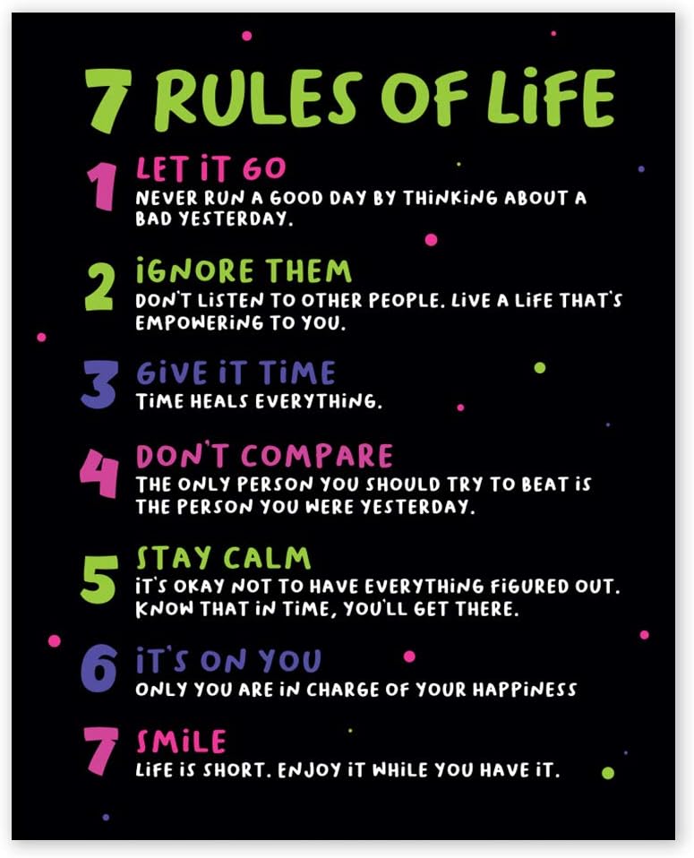 7 Rules of Life Inspirational Wall Art Prints - Unframed 8x10 - Encouraging Quotes for Office Decor - Motivational Home Pictures - Positive Sayings Poster for Classroom School