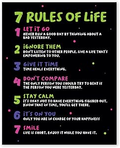 7 Rules of Life Inspirational Wall Art Prints - Unframed 8x10 - Encouraging Quotes for Office Decor - Motivational Home Pictures - Positive Sayings Poster for Classroom School