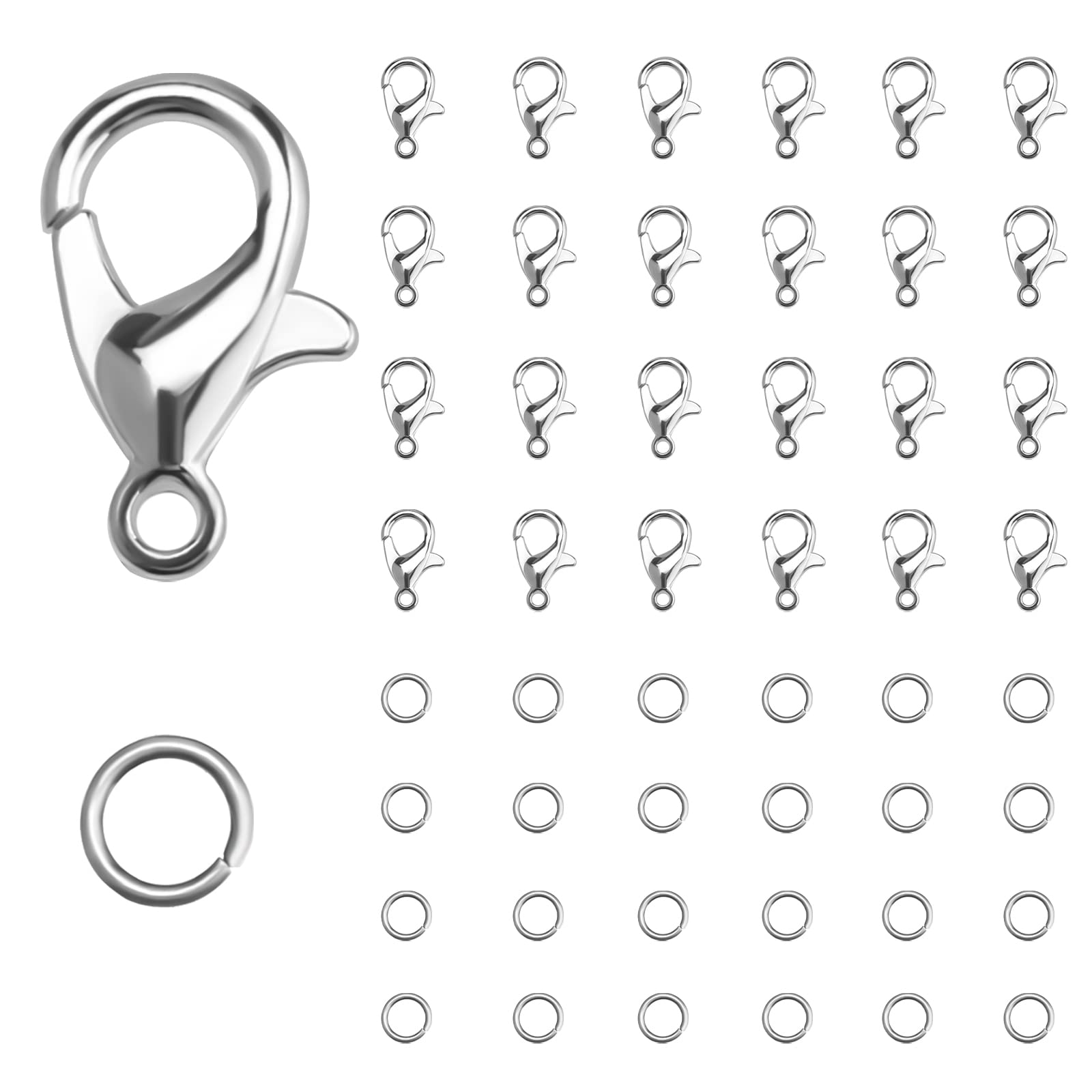 KINBOM 50pcs Silver Lobster Clasp and 120pcs Open Jump Ring, Jewelry Bracelet Connectors Necklace Clasp Bracelet Clasp Jump Rings for Jewelry Making Supply (Clasp: 12x6mm + Ring: 0.7x5mm)