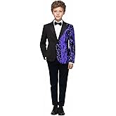 Pyiujtr Boys 4-Piece Tree and Wave Sequins Shiny Suit Jacket Shirt Bow Tie Pants Set for Performance Stage 6-16Y