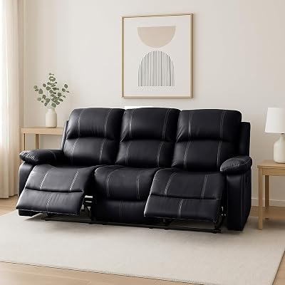 Bravich Black Bonded Leather 3 Seater Reclining Sofa Couch Armrest Footrest