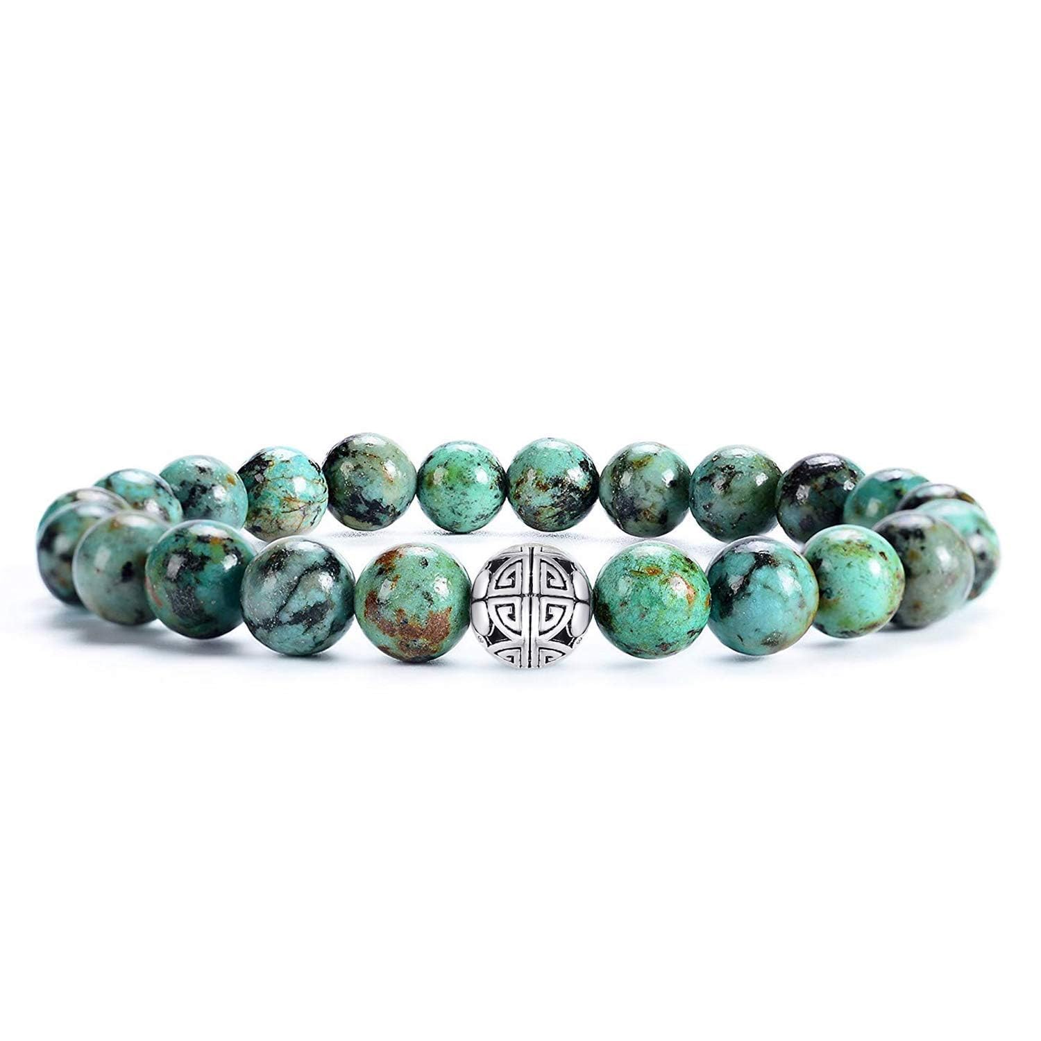 MetJakt Natural 8mm Gemstones Healing Crystal Stretch Beaded Bracelet Bangle with 925 Sterling Silver Double Happiness Pendant (African turquoise AAA)