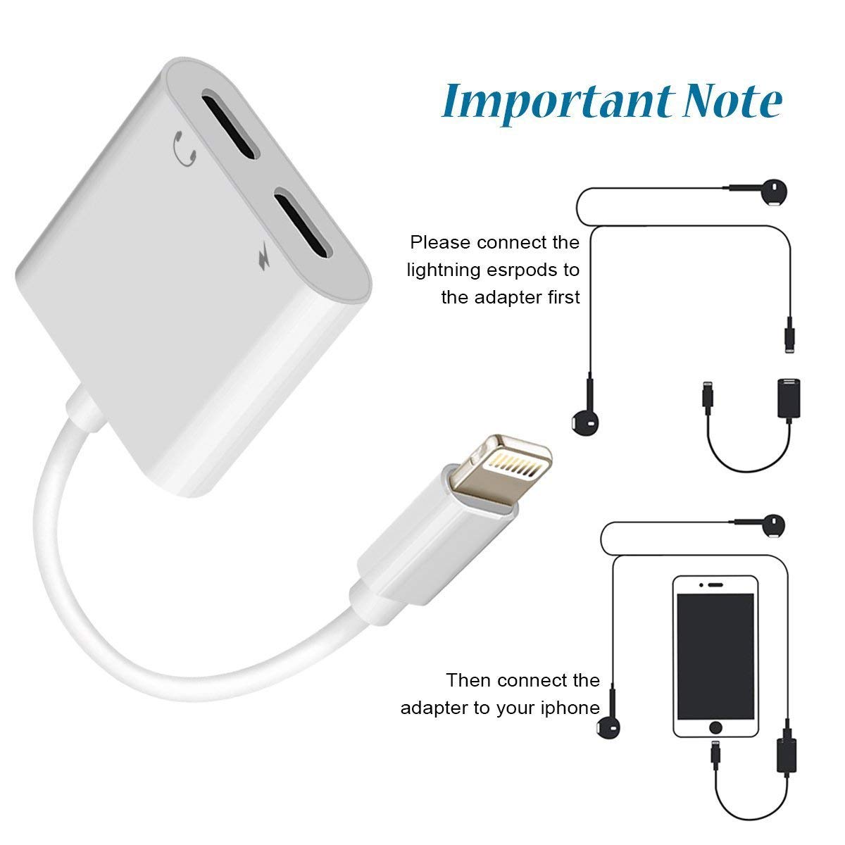 Dual Lighting Adapter Phone X/Xs/XR/ 7/8 / Plus, 2 in 1 Lighting Splitter Headphone Audio and Charge Adapter Connector,Remote and Call Function Compatible iOS 11, iOS 12 Later (2 Pack)