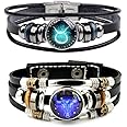 2Pcs Multilayer Constellation Zodiac Leather Bracelet for Women Men Handmade Woven Zodiac Sign Wrap Wristband Bracelet Couple BFF Birthday Jewelry