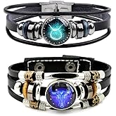 WLL 2Pcs Multilayer Constellation Zodiac Leather Bracelet for Women Men Handmade Woven Zodiac Sign Wrap Wristband Bracelet Couple BFF Birthday Jewelry