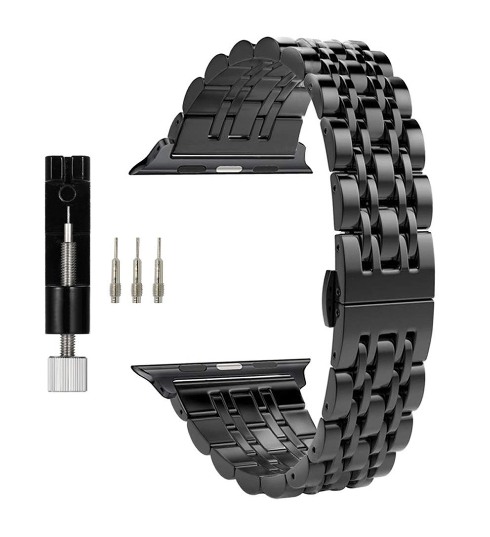 MaKTech Seven-Piece Stainless Steel Metal Bracelet Band Compatible with Apple Watch Series 7/6/SE/5/2021 (46mm/45mm/44mm/49mm,Black)