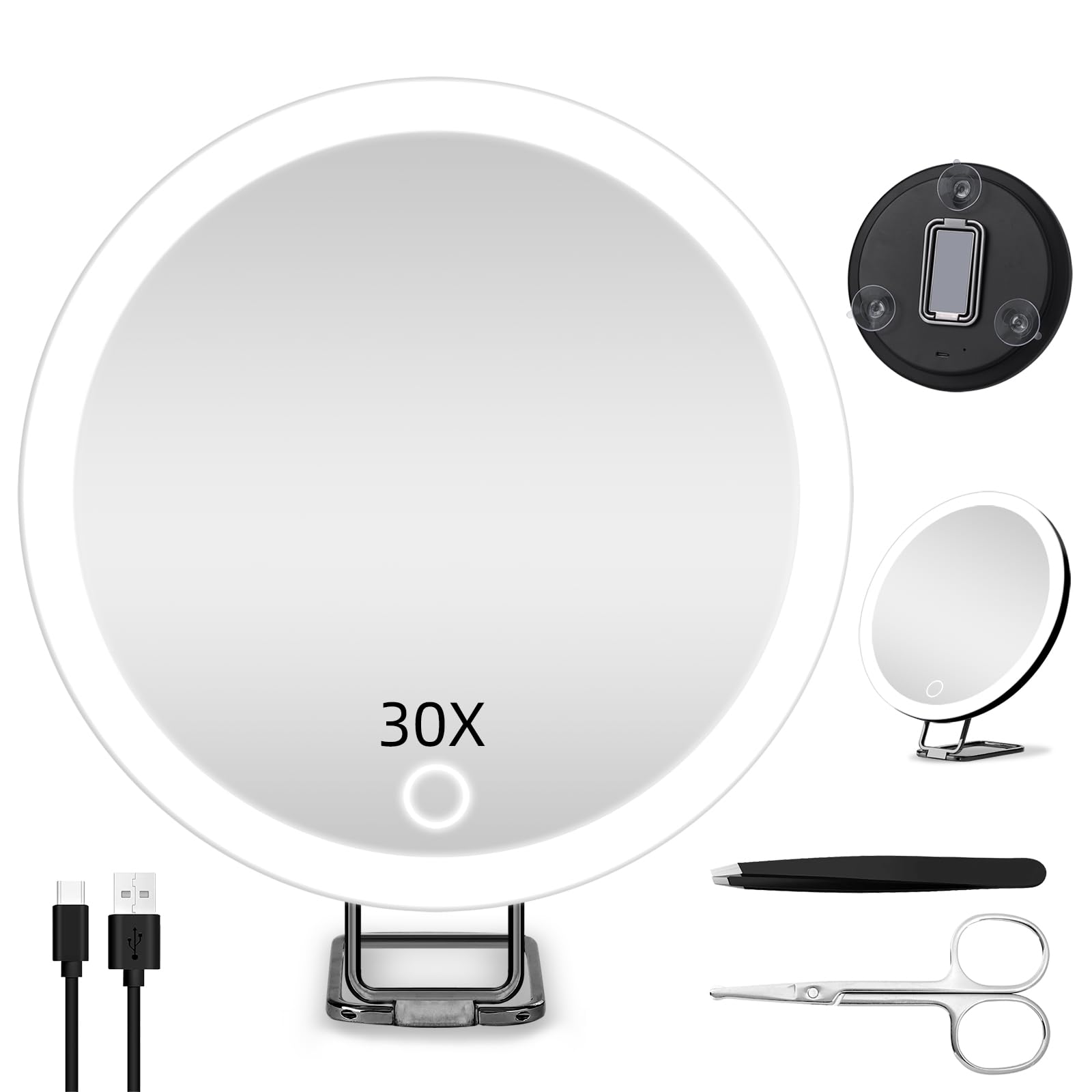 Photo 1 of Jadazror 30X Magnifying Mirror with Lights, 6inch Makeup Magnifying Mirror, Travel 30x High Magnification with 3 Color Dimmable Lights - 3 Suction Cups & Adjustable Stand, for Detailed Makeup/Shaving
