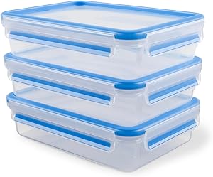 EMSA Clip & Close Frischhaltedosen-Set, rechteckig, 3 x 1,2 L, Aufbewahrungsboxen, 100 Prozent dicht, spülmaschinen-, gefrier-, mikrowellenfest, Blau, Made in Germany, 515645