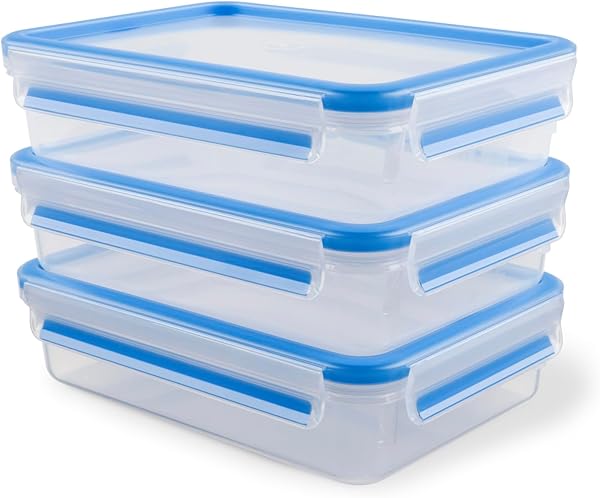 EMSA Clip & Close Frischhaltedosen-Set, rechteckig, 3 x 1,2 L, Aufbewahrungsboxen, 100 Prozent dicht, spülmaschinen-, gefrier-, mikrowellenfest, Blau, Made in Germany, 515645