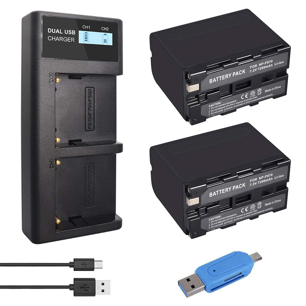CITYORK 2 Pack NP-F970 7200mAh Replacement Battery and Smart LCD Display Dual USB Charger for Sony NP-F550 NP-F570 NP-F960 Battery and Sony CCD-SC55, TR516, TR716, TR818, TR910, TR917