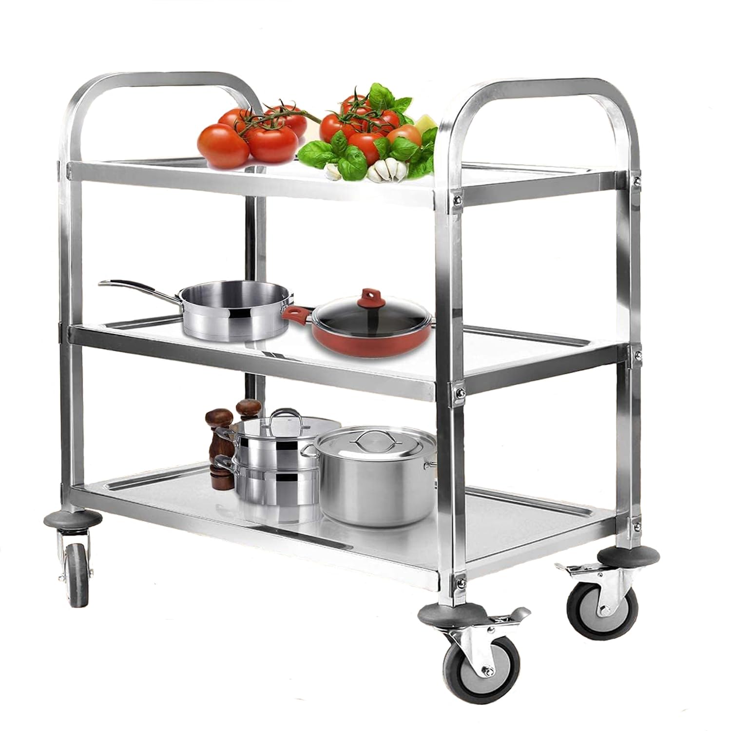 ybaymy Serving Trolley, Stainless Steel, 3 Shelves, 80 cm Height, Wheels with Brake, Food Trolley for Hotel Restaurant Kitchen