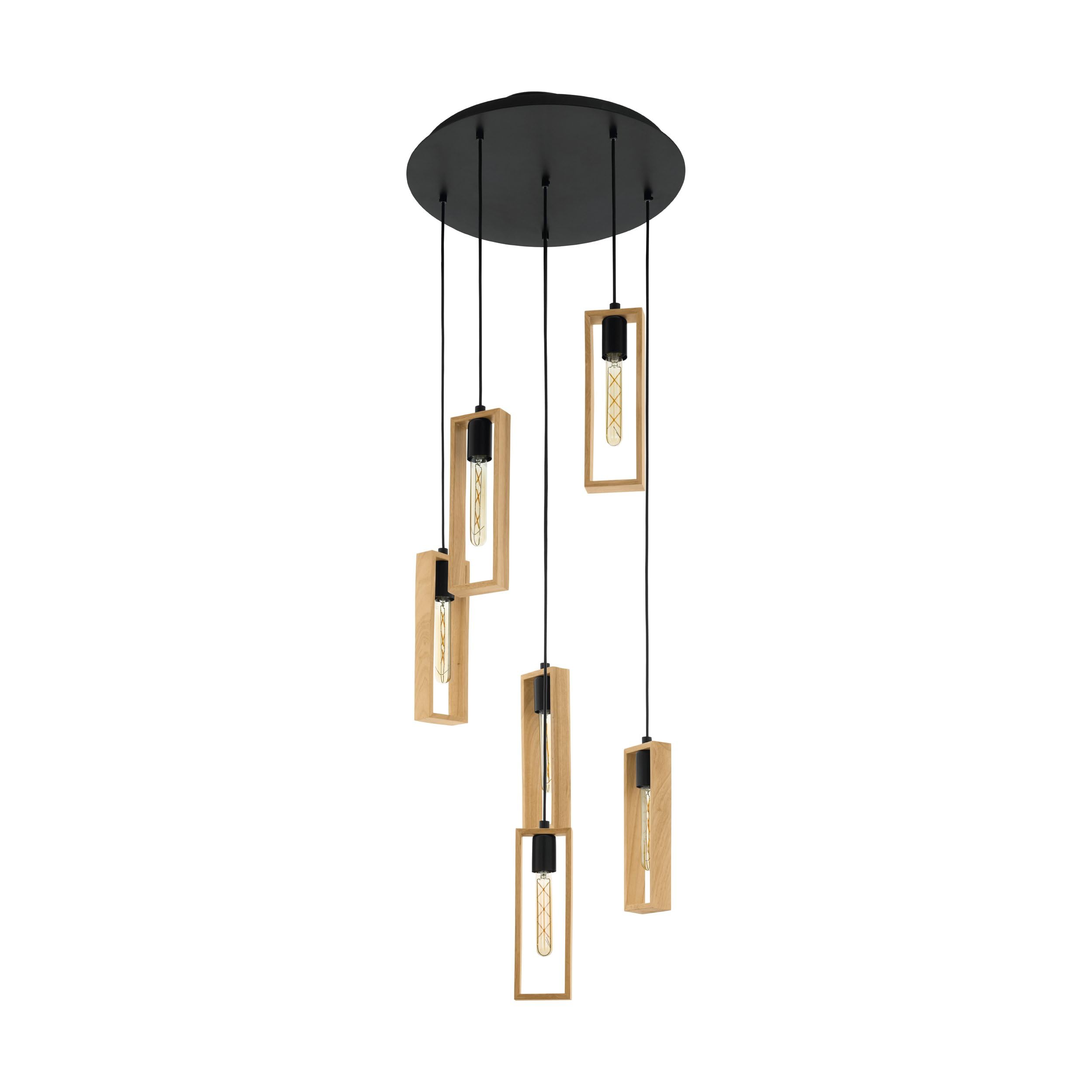 Eglo Pendant Lamp Littleton, 6-Light Vintage Pendant in Industrial Style, Retro Hanging Lamp Made of Steel and Wood, Colour: Black, Brown, Socket: E27