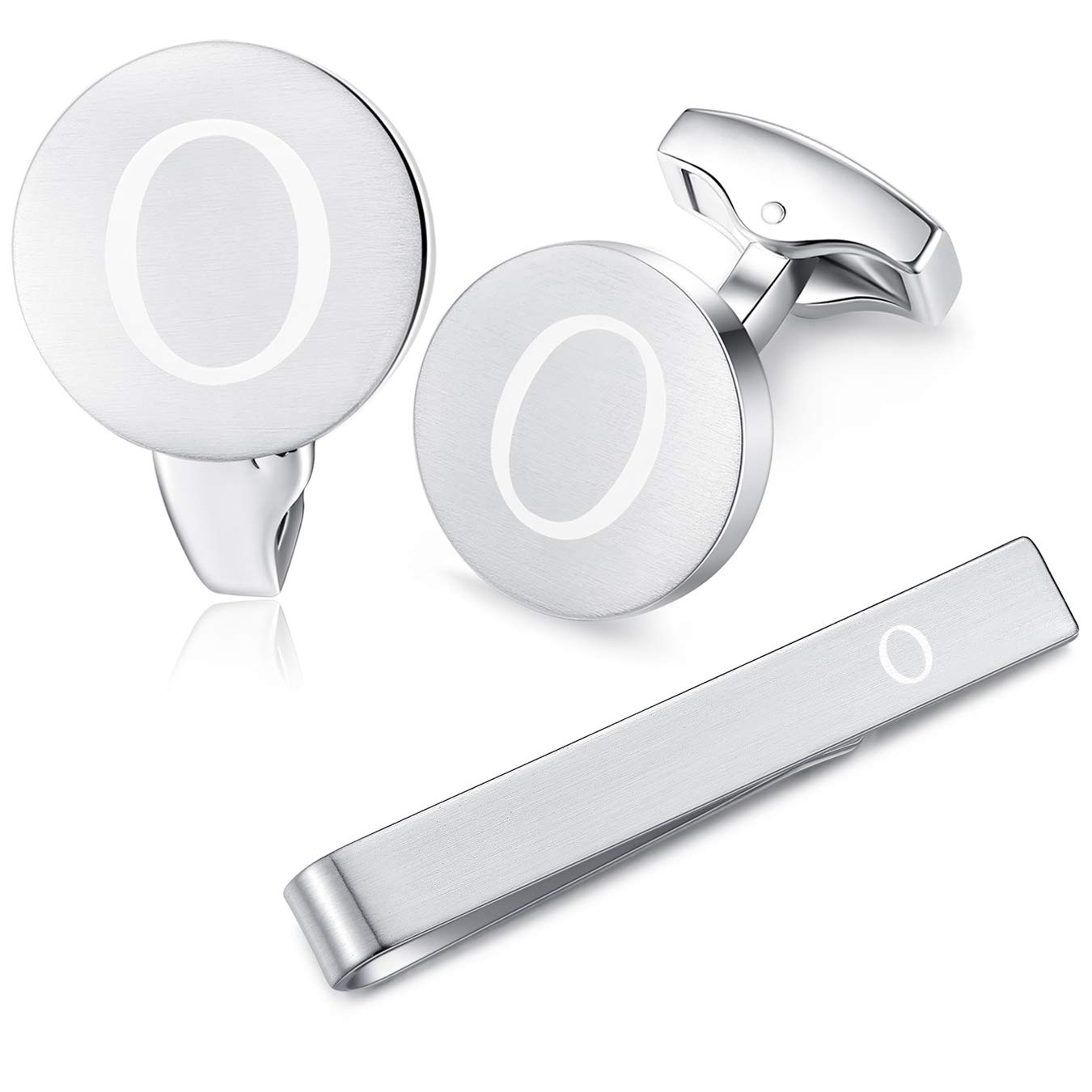 HONEY BEAR Initial Alphabet Letter Cufflinks Skinny Tie Clip Set for Mens Shirt - Round Stainless Steel, for Skinny Narrow Tie Business Wedding Gift,Brushed Silver,4cm (O)