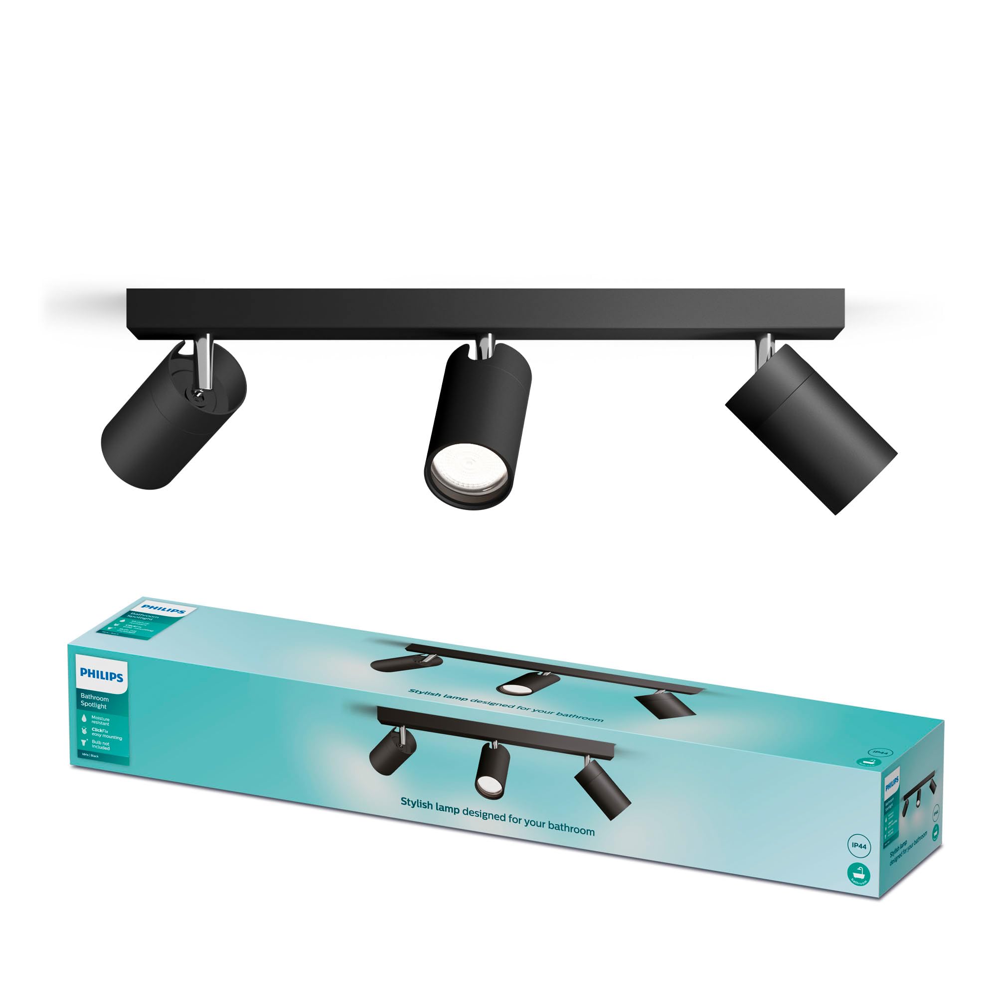 PHILIPS Idris 3-Head spot, GU10 lamp not Included, Black, IP44, Water-Resistant