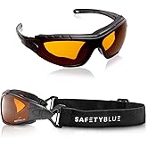 SafetyBlue Sleep Savior Deluxe Amber Lens Glasses - Block Blue & Green Light, Boost Melatonin, Enhance Sleep Quality, Reduce Eye Strain, Interchangeable Strap, Padded for Ultimate Comfort