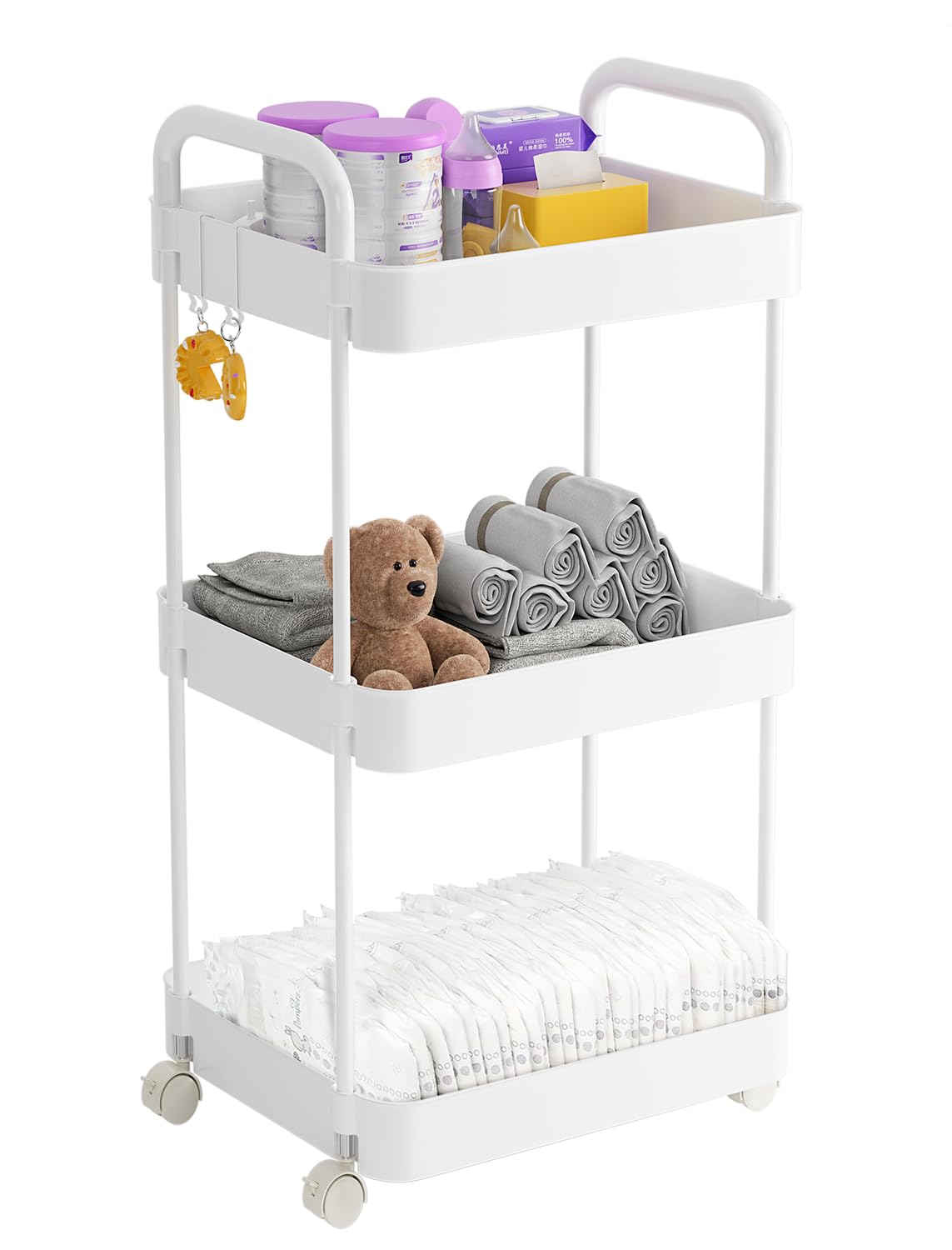 Photo 1 of Volnamal Diaper Caddy Organizer, 3-Tier Movable Diaper Cart with Wheels, Newborn Essentials Must Haves, Diaper Caddy for Wipes & Diapers, Baby Registry Search - Plastic White