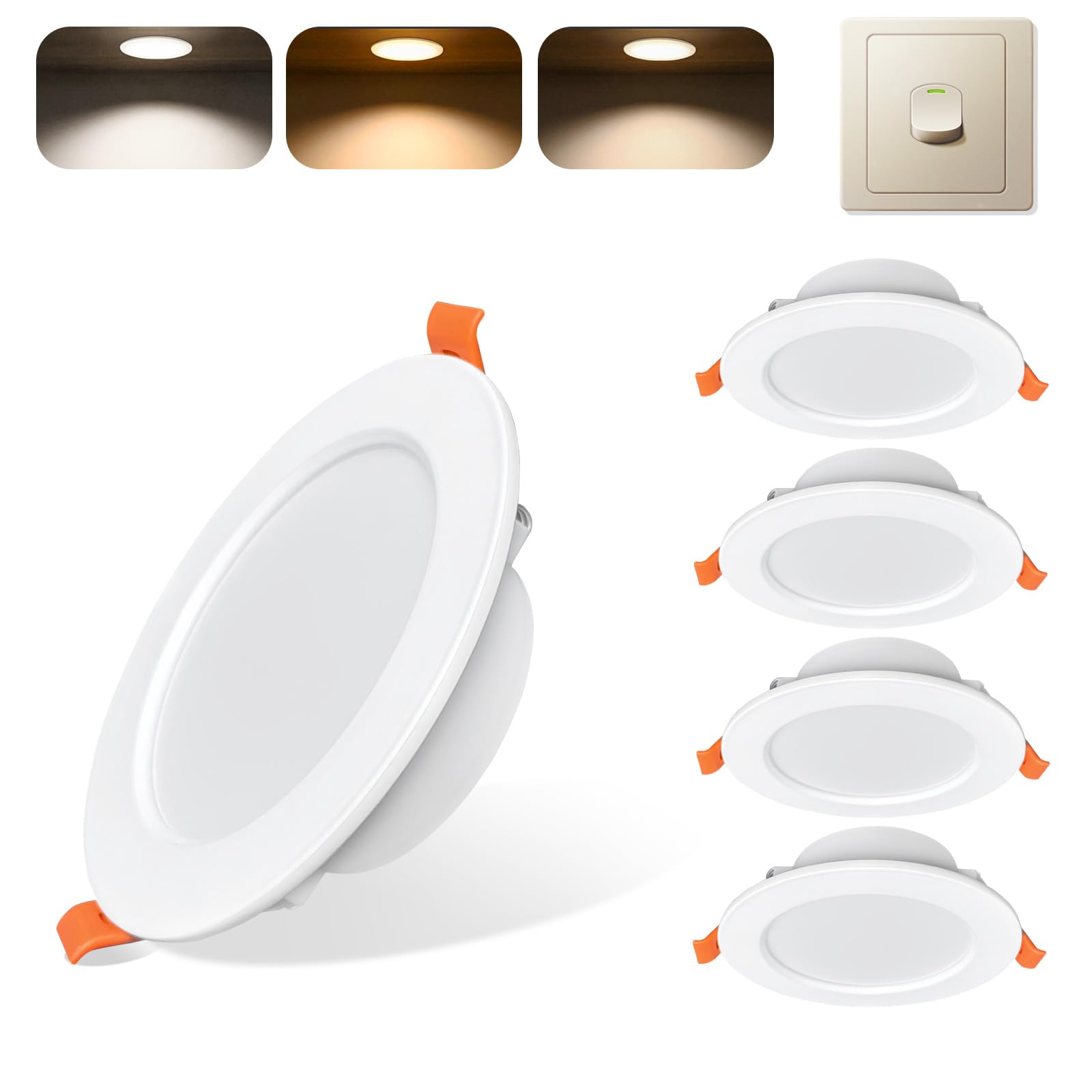 Sweier 3-Step Color Changing LED Recessed Ceiling Light IP44-7W 600LM Downlight (3000K/4000K/6000K), Wall Switch Adjustable, Cutout 90-105mm, Ultra-Thin for Bathroom & Kitchen (White) — image 1