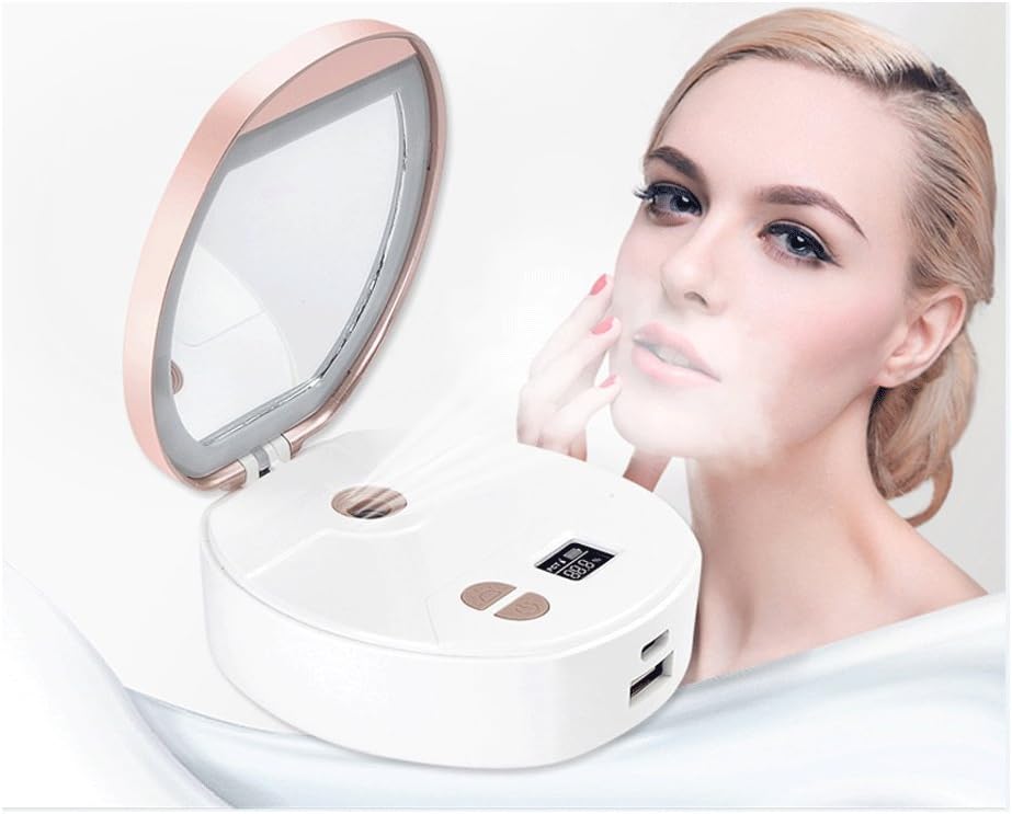 YAYAXI Handheld 3 LED Lighted Makeup Vanity Mirror with Face Cool Sprayer Nano Lonic for Eyelash Extension Deep Moisturizing and USB Power Bank Rechargeable (Gold)