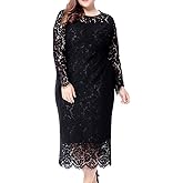 Eternatastic Women's Floral Lace Long Sleeve Plus Size Lace Dress Black