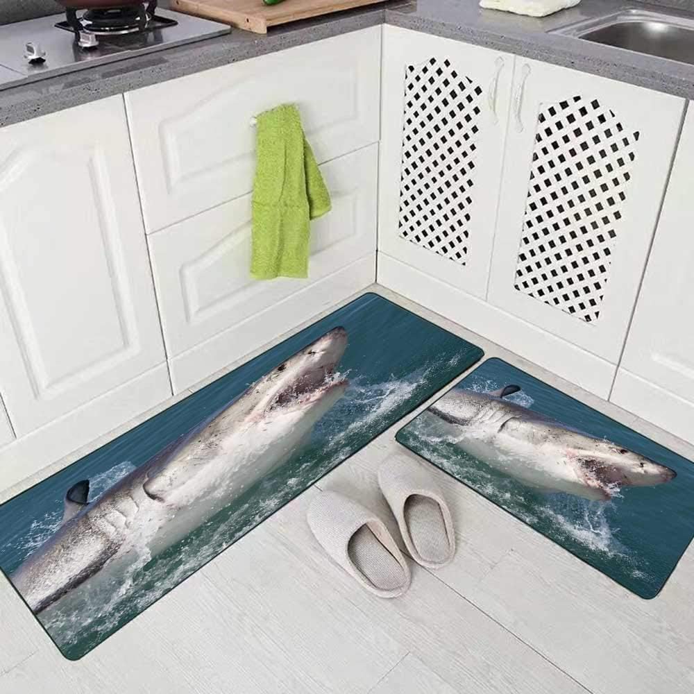 Doocilsh Kitchen Rugs,Kitchen Rugs Washable for Women and Men,17X48+17X24Inches Great White Shark South Africa Kitchen Rug