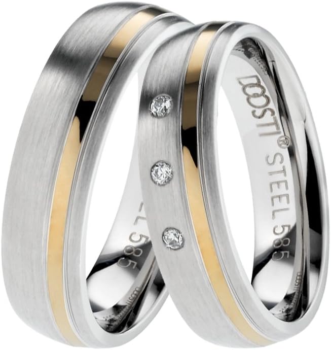 DOOSTI Wedding Rings / Partnership Rings Surgical Stainless Steel with 585 Gold Inlay and Diamonds-Free Gravur