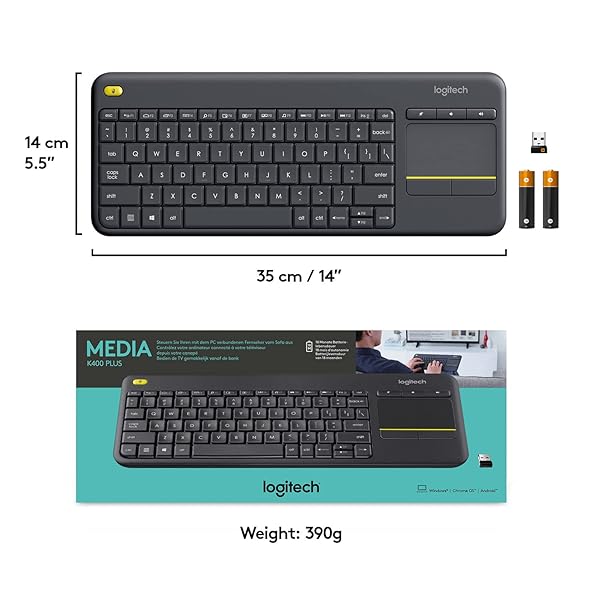 LOGITECH K400 PLUS WIRELESS TOUCH TV KEYBOARD WITH EASY MEDIA CONTROL AND BUILT-IN TOUCHPAD, HTPC KEYBOARD FOR PC-CONNECTED TV, WINDOWS, ANDROID, CHROMEOS, LAPTOP, TABLET – BLACK