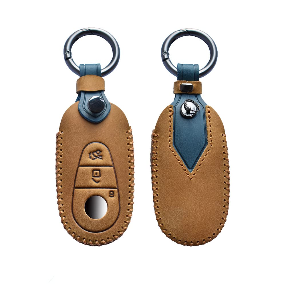 HIBEYO Smart Car Key Case Fits Mercedes Protective Case Key Cover for Benz C-Class W206 S-Class W223 S300 S350 S400 S500L C200 with Leather Key Fob Brown