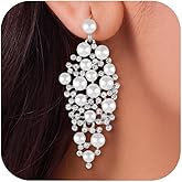 Elegant Silver Chandelier Earrings with White Pearls Dangle Drop Bridal Wedding Prom Evening Formal Statement Luxury Classic Vintage Earrings