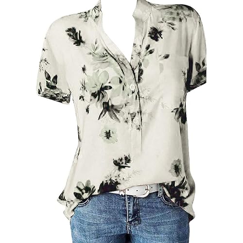 Tops for Women Summer,Blouse Shirts Floral Print V Neck Button Pocket Short Sleeve Summer Vintage Elegant Casual Tops