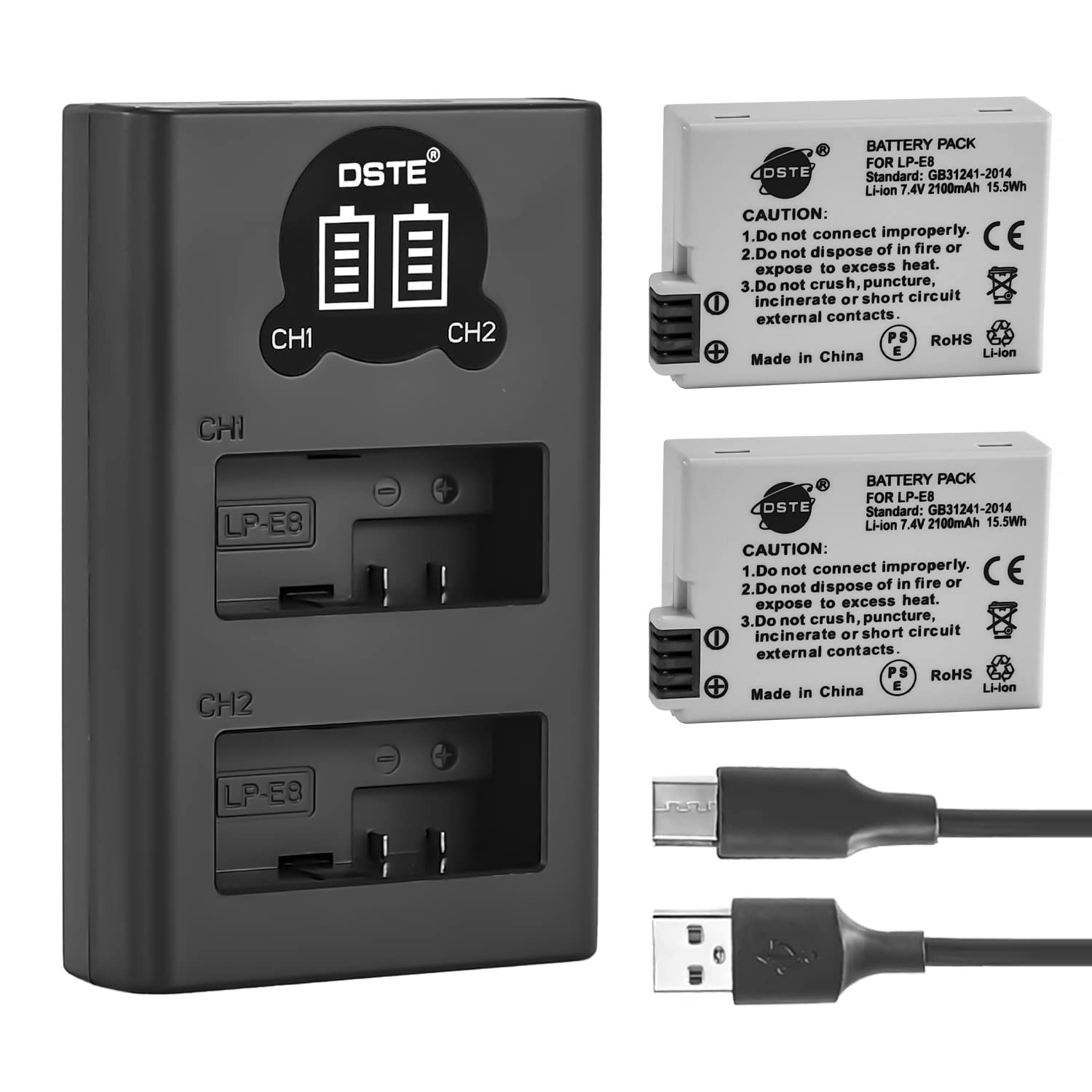 DSTE LP-E8 Rechargerable Battery (2-Pack) and Smart LED Dual USB Charger Compatible with Canon EOS 550D 600D 650D 700D Kiss X4 X5 X6i X7i Rebel T2i T3i T4i T5i