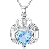Dralox Birthstone Claddagh Necklace, 925 Sterling Silver Colored Gemstone Heart Claddagh Pendant Irish Jewelry Gifts for Women