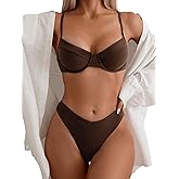 SweatyRocks Women's 2 Piece Bikini Set Spaghetti Strap High Cut Push Up Underwire Swimsuit