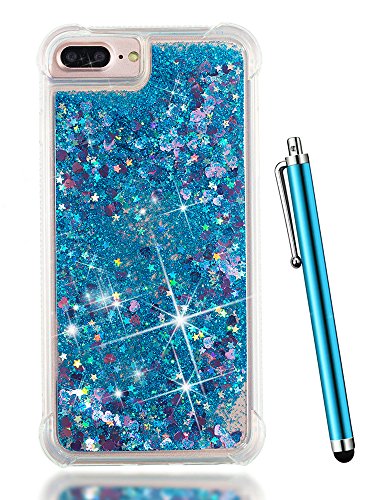 iPhone 8 Plus Case Glitter,iPhone 7 Plus Case for Girls,iPhone 6/6s Plus Case,CAIYUNL Liquid Sparkle Bling Luxury Clear Cute Phone Cases Slim Silicone TPU 3D Girls Kid Men Shockproof Cover&Stylus-Blue