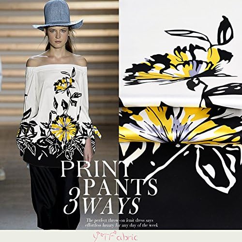 White and Black 100% Silk Charmeuse Fabric with Yellow Floral By The 0.7 Meter