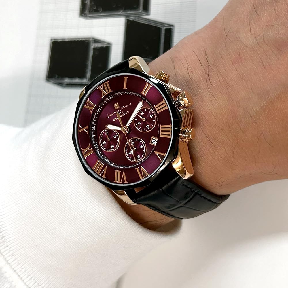 Salvatore Mala SM15104-PGPLLE Wristwatch, Red Chronograph, Water Resistant to 10 ATM, Business, Formal, Men's Leather Strap, Burpull, Black