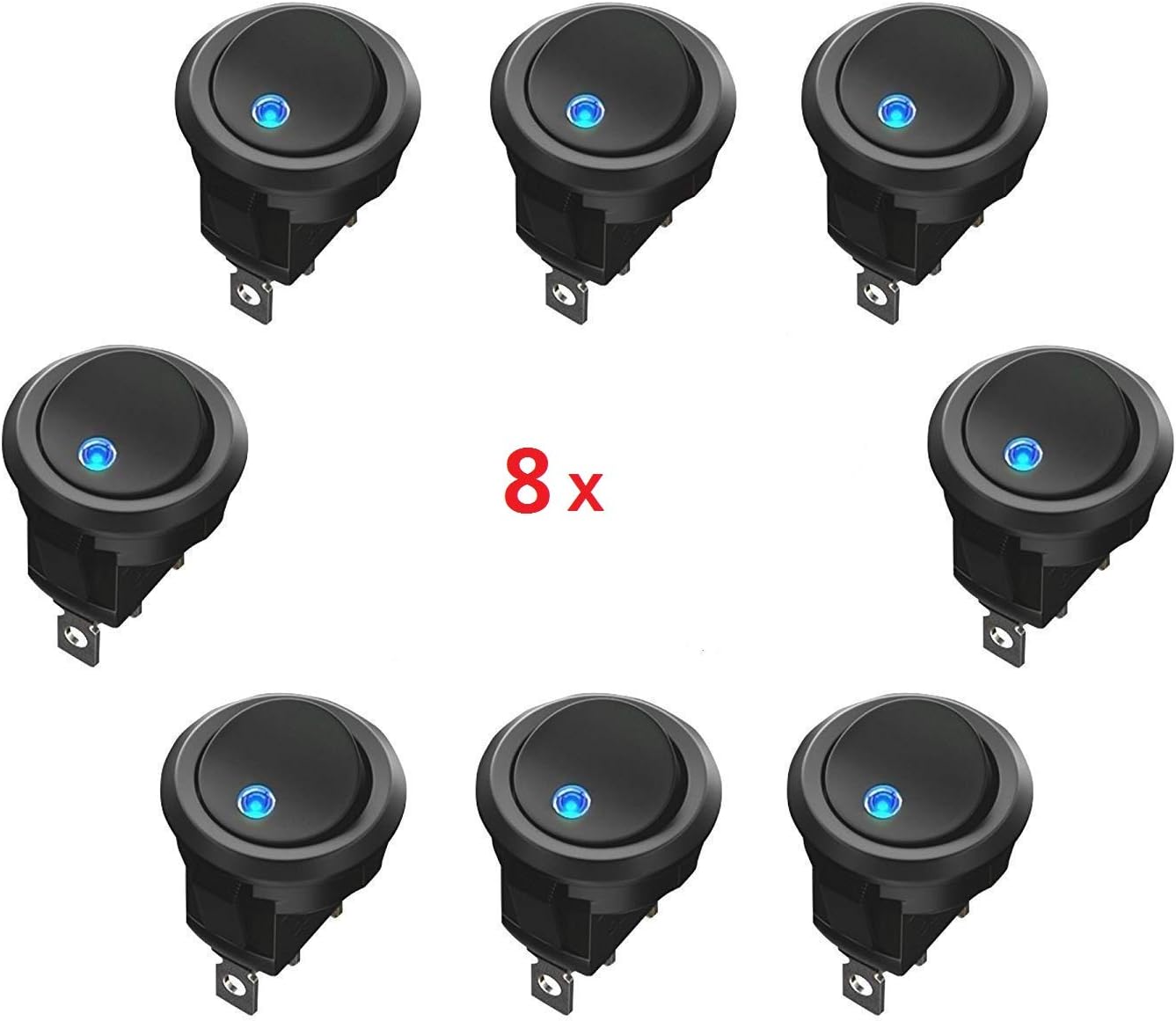 Round Rocker Switch 12V 20A Car Auto Round Rocker ON/OFF Toggle SPST Switch with Blue LED Dot Light for Car, Truck, Trailer, Marine, 8 Pack