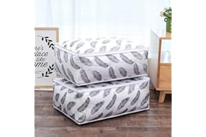 Quilt Storage Bag for Blankets, Clothes & Pillows – Lightweight PEVA Organizer Pouch with Feather, Flower and Cloud Print Des