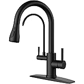 FORIOUS Black Kitchen Faucets with Water Filter, 2 in 1 Stainless Steel Pull Down Sink Faucet and Purfied Water Faucet High Arc Single Handle with Detachable Deck for 1 or 3 Hole