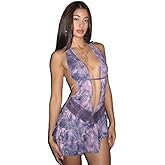 Evankin Women's Sexy Dress Deep V-neck Hollow out Short Skirt Hanging Neck and Backless Dress