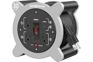 Link2Home Cord Reel 30 ft. Extension Cord 3 Power Outlets, 2 USB Ports A/C, 2.4A Fast Charge – 16 AWG SJT Cable.