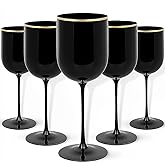 Blue Sky Black Plastic Wine Glasses With Gold Rim - 12oz (5-Pack) Reusable, Disposable Cups for Parties and Events