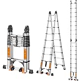 12.5Ft Telescoping Ladder A Frame,Adjustable Ladder for Home,Roof,RV | Stainless Steel Extension Ladder with Single Balance Bar, Wheels and 2 Triangle Stabilizers, 330 lb Capacity (12.5FT-A Frame)