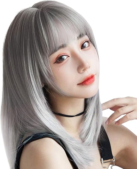 Amazon Co Jp ウィッグ セミロング グラデーション シルバー ストレート ミディアム グレー 自然 かつら カツラ フルウィッグ ぱっつん前髪 小顔 耐熱 Wig 医療用 ネット付き 白 服 ファッション小物