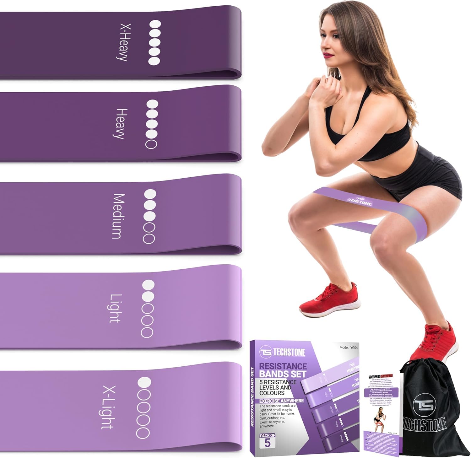 TechStone Resistance Bands Set – 5 Levels Loop Exercise Bands for Men & Women, Elastic Workout Bands for Home Gym, Training, Yoga & Fitness, Carry Bag Included (Purple)