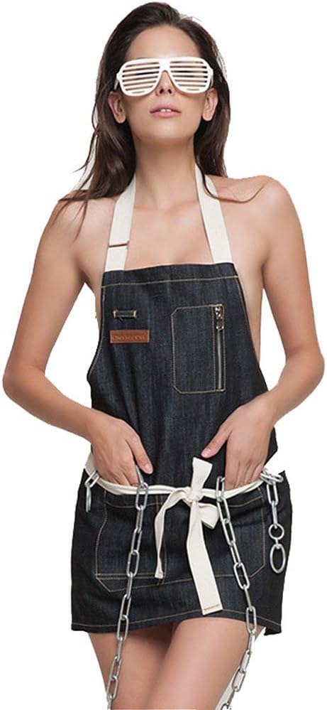 HENSE Unisex Thick Sleeveless Denim Bib Apron Soft Adjustable Work Apron for Kitchen, Garden, Pottery, Cooking, Coffee HSW-022-03