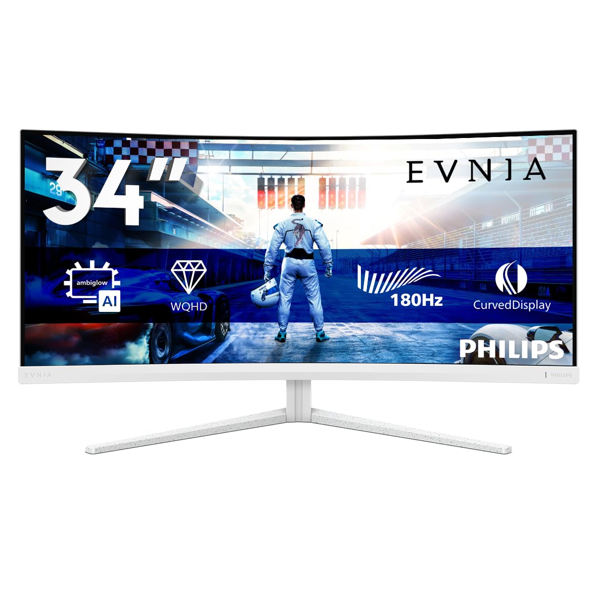 Philips Evnia 34M2C5501A - 34 Zoll WQHD Curved Gaming Monitor, 180 Hz, 1 ms, FreeSync Premium, Ambiglow (3440x1440, 2X HDMI 2.0, 1x DisplayPort 1.4, USB Hub) Weiss 2