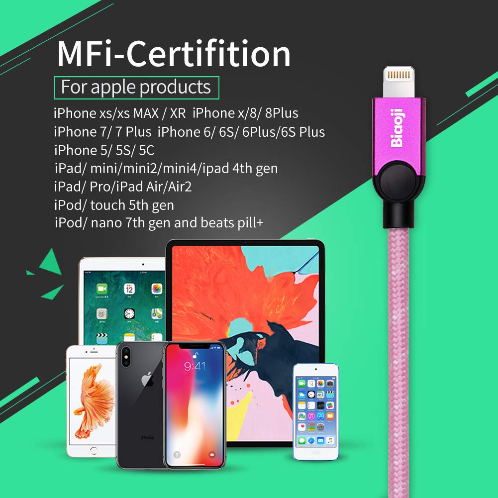 iPhone Charger, Biaoji Lightning Cable(3 ft), Apple MFi Certified, High-Speed Durable Charger Cord, Nylon-Braided, Compatible with iPhone,iPad & iPod (HLT2608R)