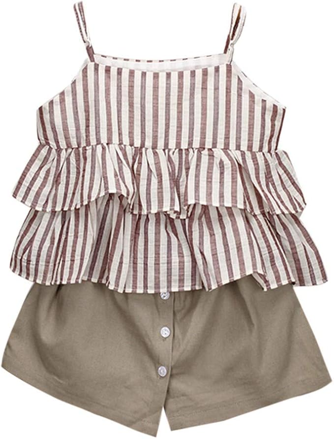 Amazon 子どもセット キッズ服 Cousannory 女の子 2点セット ストライプ キャミソール フリル トップス 無地 ショート キュロット 柔らかい 上下セット服 春夏 安い 子供服 人気 七五三 通園 通学 普段着 お出かけ アンサンブル 通販