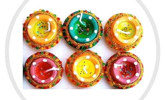 F&N Home Decor Clay Handmade Waxed Diya Set for Home Decoration (5 cm X 5 cm X 2.39 cm, Deepak/Diya Set for Diwali | Handi Shaped | Home Decoration | Multicolour (Set of 6 Pcs.)